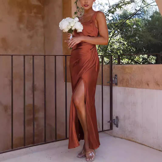 Women's Satin Square Collar Backless Slit Length Dress - Drezzo Shopping 