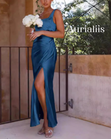 Women's Satin Square Collar Backless Slit Length Dress