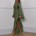 Sexy Oblique Shoulder Solid Irregular Dress Women Elegant Skew Collar Backless Long Dress Autumn Flare Sleeve Slit Party Dresses - Drezzo Shopping 