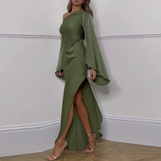Sexy Oblique Shoulder Solid Irregular Dress Women Elegant Skew Collar Backless Long Dress Autumn Flare Sleeve Slit Party Dresses - Drezzo Shopping 