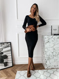 Women Ribbed Knit Long Sleeve Maxi Dress Slim Fit Solid Color Bodycon Pencil Long Dress Casual Fall Winter Clothes - Drezzo Shopping 