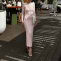 Women Spring Autumn Solid Color Bodycon Knit Dress Long Sleeve Crew Neck Ribbed Dress Slim Fit Long Dress - Drezzo Shopping 