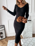 Women Ribbed Knit Long Sleeve Maxi Dress Slim Fit Solid Color Bodycon Pencil Long Dress Casual Fall Winter Clothes - Drezzo Shopping 