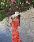 Women Summer Party Holiday Lady Streetwears Print Ruffle Pleated Long Dress Fashion Off Shoulder Puff Sleeve Midi Dresses Casual - Drezzo Shopping 
