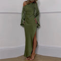 Sexy Oblique Shoulder Solid Irregular Dress Women Elegant Skew Collar Backless Long Dress Autumn Flare Sleeve Slit Party Dresses - Drezzo Shopping 