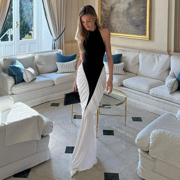 Blifanbo Patchwork Sleeveless Split Maxi Dress Women Fashion Contrast Color Halter Backless Ruched Bodycon Club Party Long Dress - Drezzo Shopping 