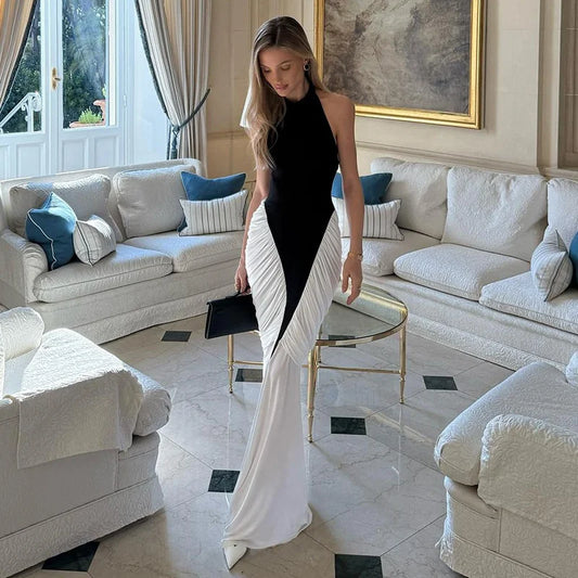 Blifanbo Patchwork Sleeveless Split Maxi Dress Women Fashion Contrast Color Halter Backless Ruched Bodycon Club Party Long Dress - Drezzo Shopping 