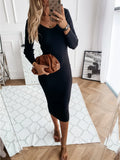 Women Ribbed Knit Long Sleeve Maxi Dress Slim Fit Solid Color Bodycon Pencil Long Dress Casual Fall Winter Clothes - Drezzo Shopping 