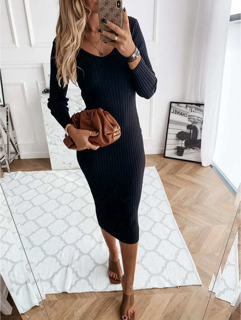 Women Ribbed Knit Long Sleeve Maxi Dress Slim Fit Solid Color Bodycon Pencil Long Dress Casual Fall Winter Clothes - Drezzo Shopping 