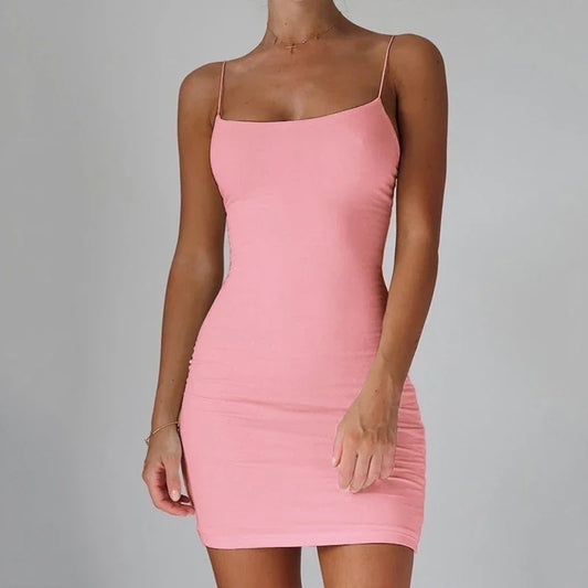 Summer Spaghetti Strap Mini Dress 2025 Women Sexy Bodycon Club Party Dresses Short Female Camisole Solid Black Sheath Sundress - Drezzo Shopping 