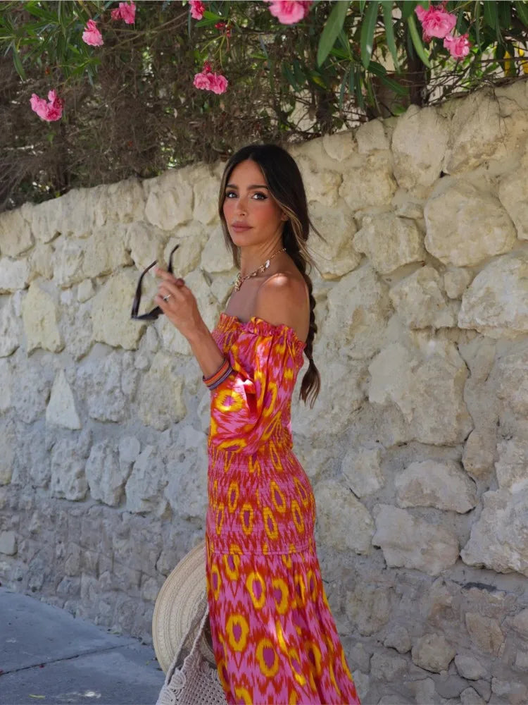 Women Summer Party Holiday Lady Streetwears Print Ruffle Pleated Long Dress Fashion Off Shoulder Puff Sleeve Midi Dresses Casual - Drezzo Shopping 
