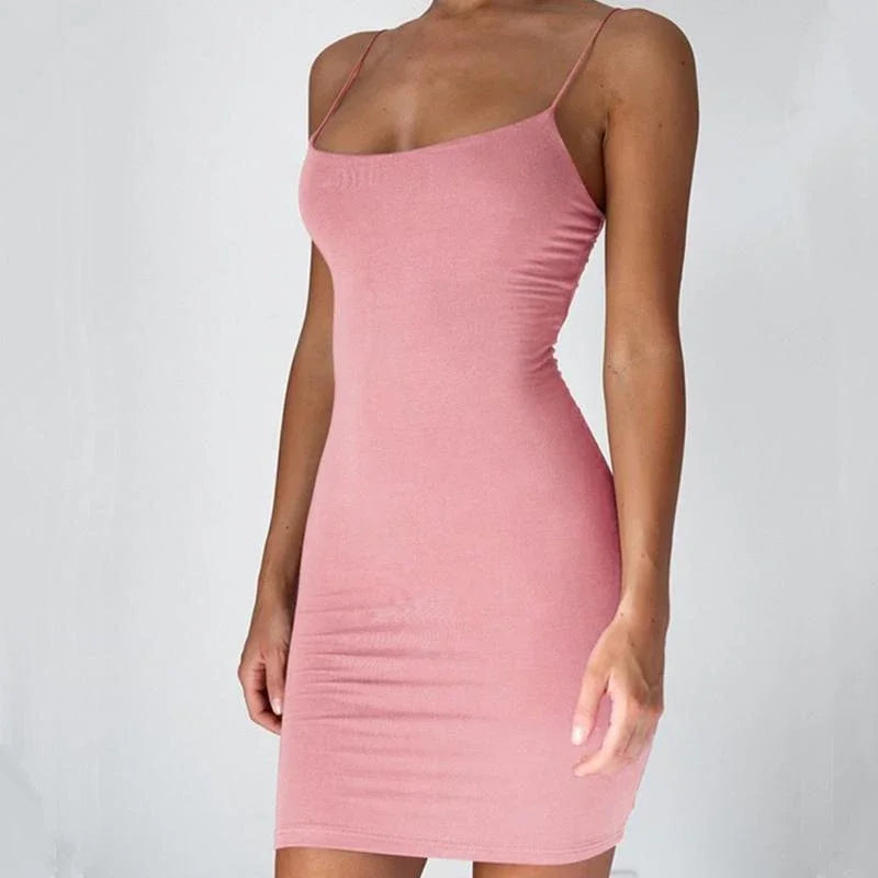 Summer Spaghetti Strap Mini Dress 2025 Women Sexy Bodycon Club Party Dresses Short Female Camisole Solid Black Sheath Sundress - Drezzo Shopping 