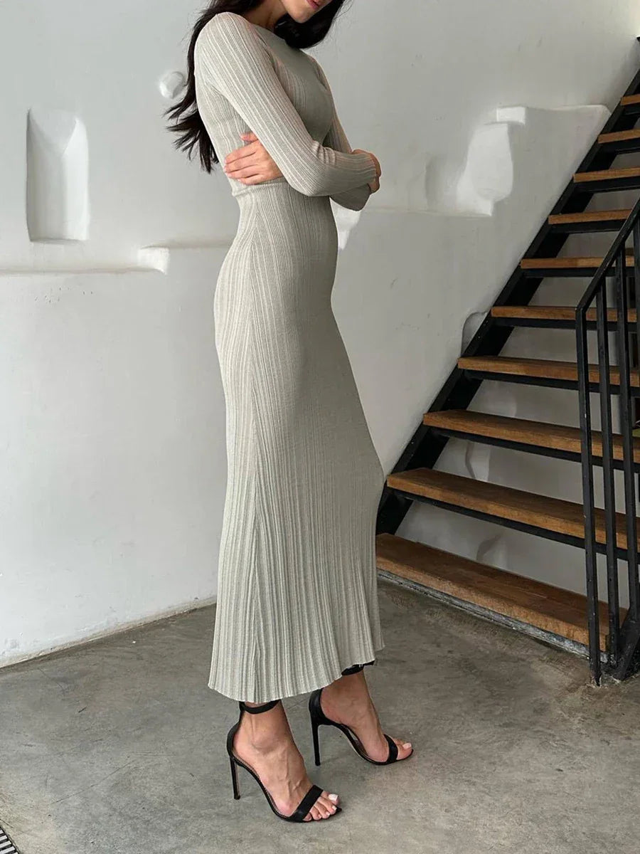 Women Spring Autumn Solid Color Bodycon Knit Dress Long Sleeve Crew Neck Ribbed Dress Slim Fit Long Dress - Drezzo Shopping 