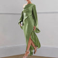 Sexy Oblique Shoulder Solid Irregular Dress Women Elegant Skew Collar Backless Long Dress Autumn Flare Sleeve Slit Party Dresses - Drezzo Shopping 
