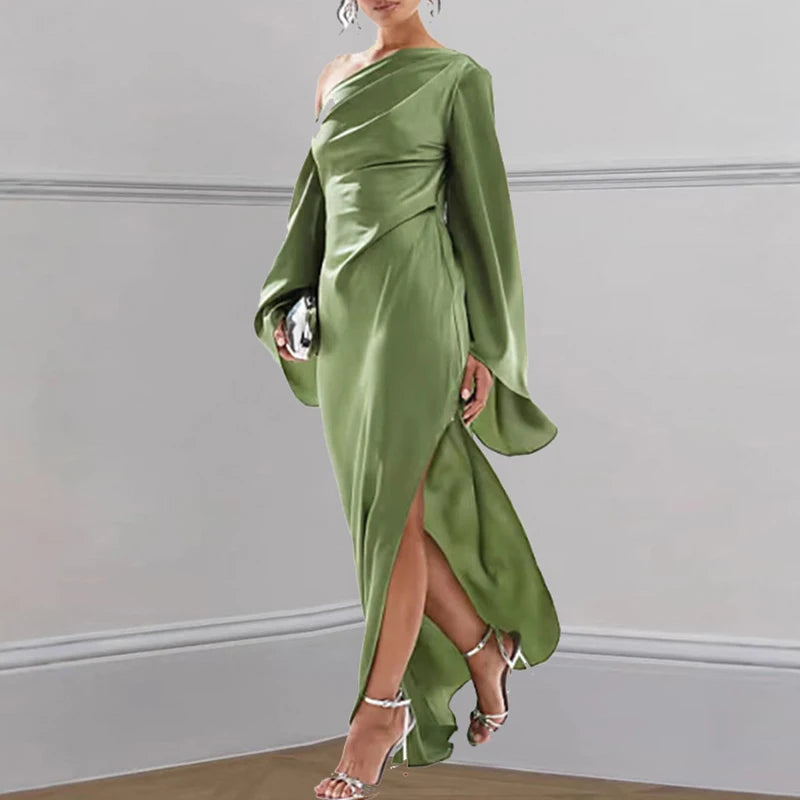 Sexy Oblique Shoulder Solid Irregular Dress Women Elegant Skew Collar Backless Long Dress Autumn Flare Sleeve Slit Party Dresses - Drezzo Shopping 