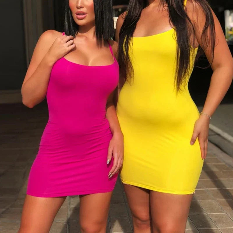 Summer Spaghetti Strap Mini Dress 2025 Women Sexy Bodycon Club Party Dresses Short Female Camisole Solid Black Sheath Sundress - Drezzo Shopping 
