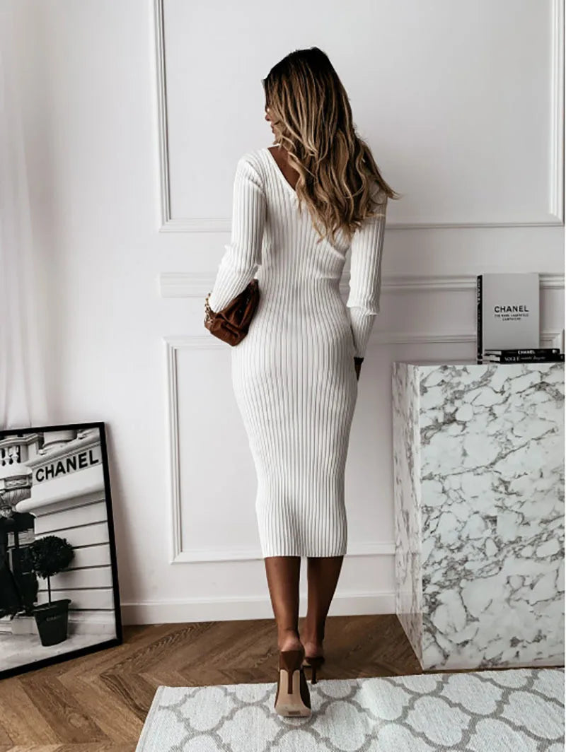 Women Ribbed Knit Long Sleeve Maxi Dress Slim Fit Solid Color Bodycon Pencil Long Dress Casual Fall Winter Clothes - Drezzo Shopping 