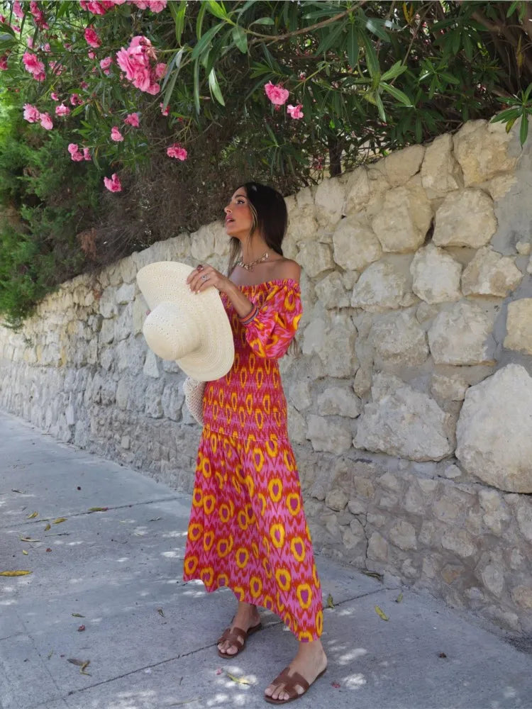 Women Summer Party Holiday Lady Streetwears Print Ruffle Pleated Long Dress Fashion Off Shoulder Puff Sleeve Midi Dresses Casual - Drezzo Shopping 