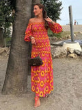 Women Summer Party Holiday Lady Streetwears Print Ruffle Pleated Long Dress Fashion Off Shoulder Puff Sleeve Midi Dresses Casual - Drezzo Shopping 