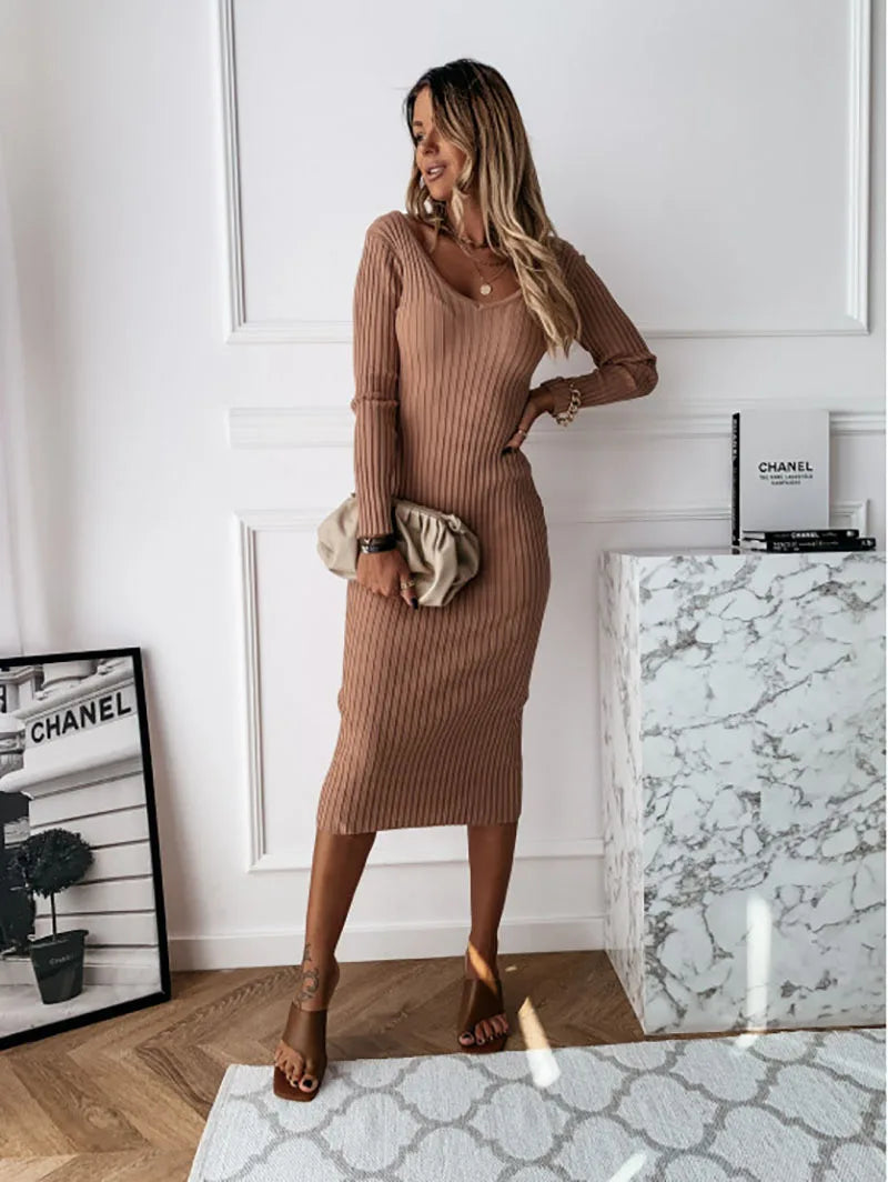 Women Ribbed Knit Long Sleeve Maxi Dress Slim Fit Solid Color Bodycon Pencil Long Dress Casual Fall Winter Clothes - Drezzo Shopping 