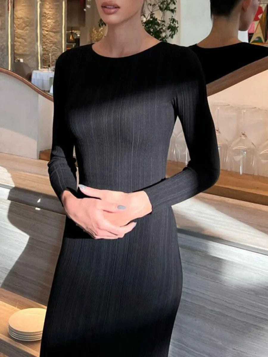 Women Spring Autumn Solid Color Bodycon Knit Dress Long Sleeve Crew Neck Ribbed Dress Slim Fit Long Dress - Drezzo Shopping 