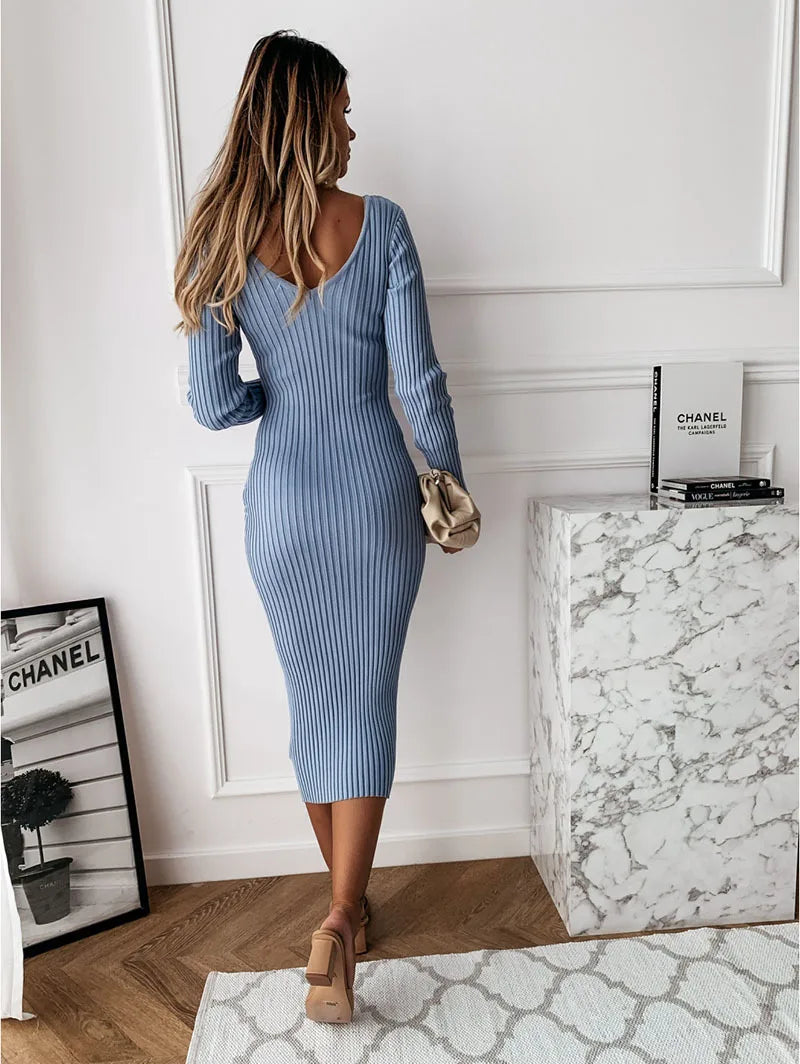 Women Ribbed Knit Long Sleeve Maxi Dress Slim Fit Solid Color Bodycon Pencil Long Dress Casual Fall Winter Clothes - Drezzo Shopping 