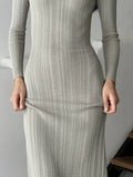 Women Spring Autumn Solid Color Bodycon Knit Dress Long Sleeve Crew Neck Ribbed Dress Slim Fit Long Dress - Drezzo Shopping 