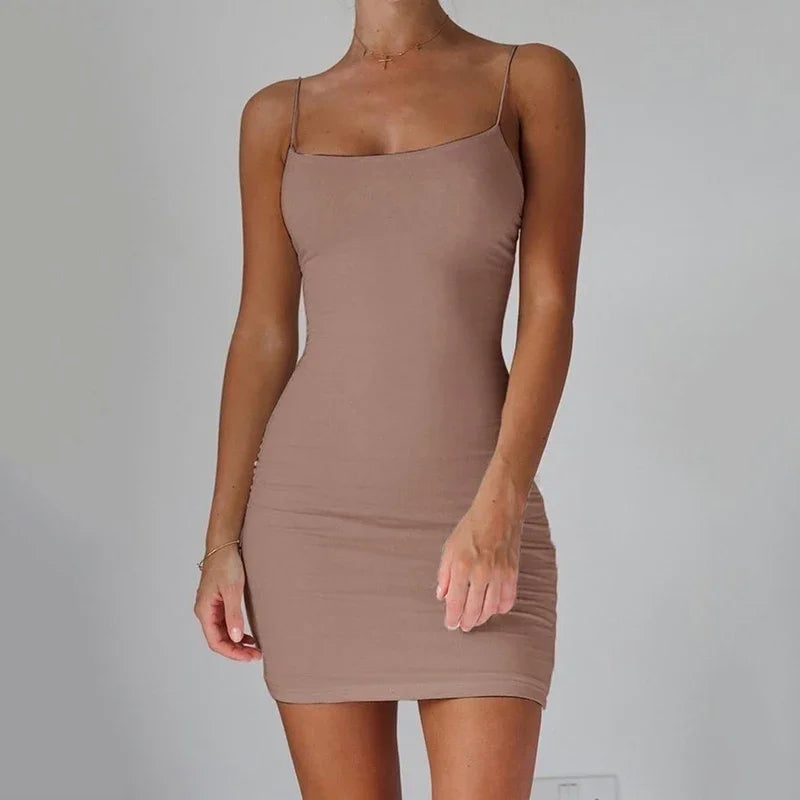 Summer Spaghetti Strap Mini Dress 2025 Women Sexy Bodycon Club Party Dresses Short Female Camisole Solid Black Sheath Sundress - Drezzo Shopping 