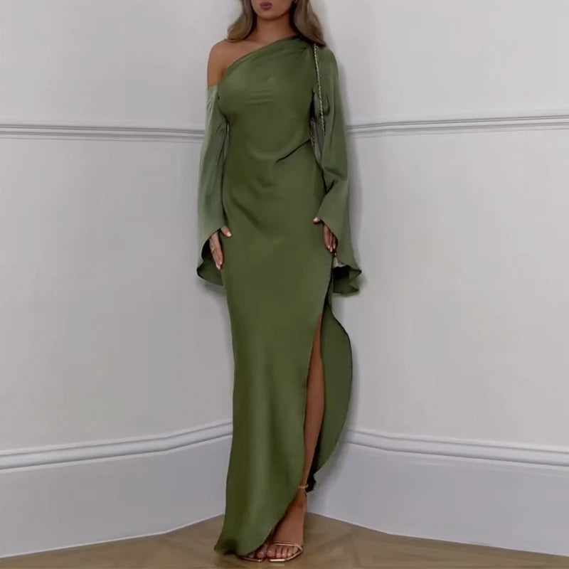 Sexy Oblique Shoulder Solid Irregular Dress Women Elegant Skew Collar Backless Long Dress Autumn Flare Sleeve Slit Party Dresses - Drezzo Shopping 
