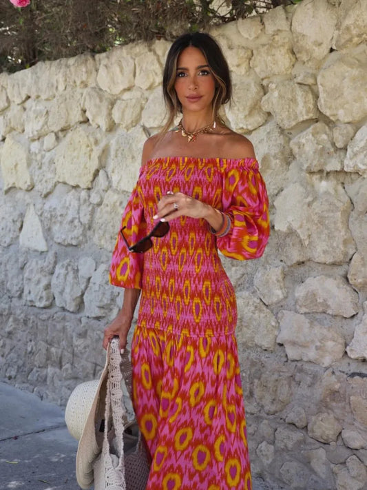 Women Summer Party Holiday Lady Streetwears Print Ruffle Pleated Long Dress Fashion Off Shoulder Puff Sleeve Midi Dresses Casual - Drezzo Shopping 